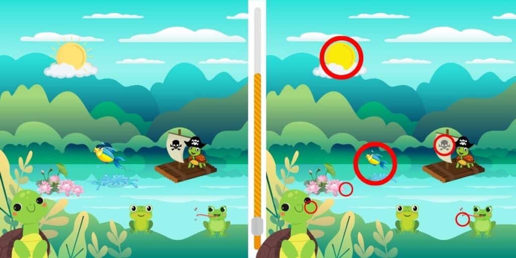 Spot 6 Differences in Frog Lake Scene Challenge Yourself!